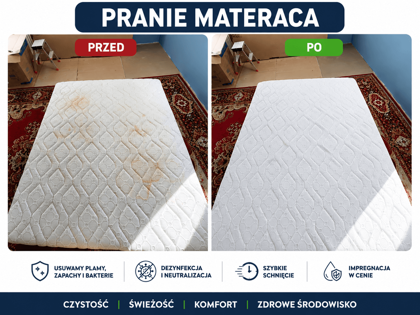 Czyszczenie materaca po plamach krwi Wrocław przed po