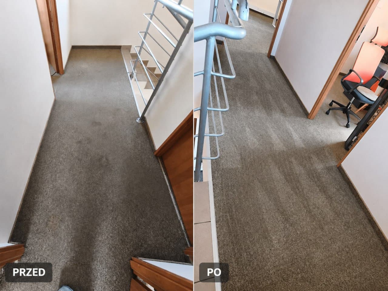 Pranie wykładziny na schodach Wrocław - zdjęcie przed i po